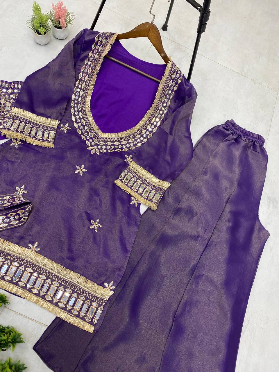 Beautifull Cosmos With Real Mirror Embroidery Work Top Plazzo