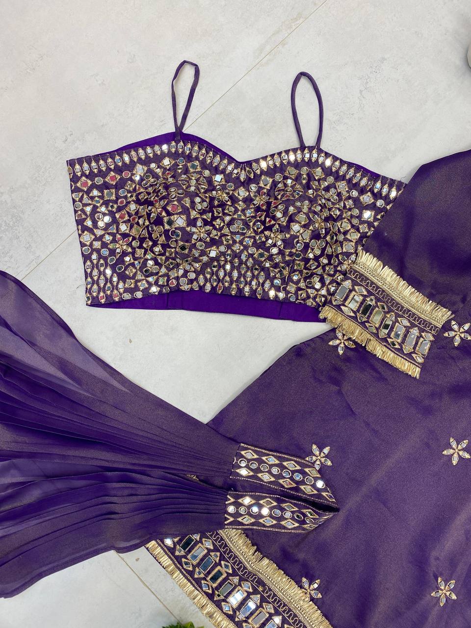 Beautifull Cosmos With Real Mirror Embroidery Work Top Plazzo