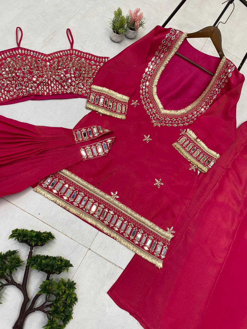 Beautifull Cosmos With Real Mirror Embroidery Work Top Plazzo