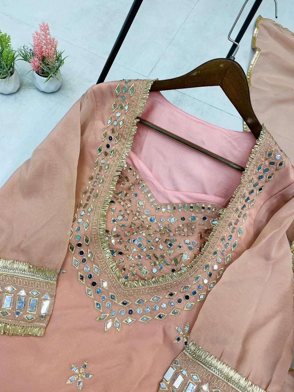 Beautifull Cosmos With Real Mirror Embroidery Work Top Plazzo