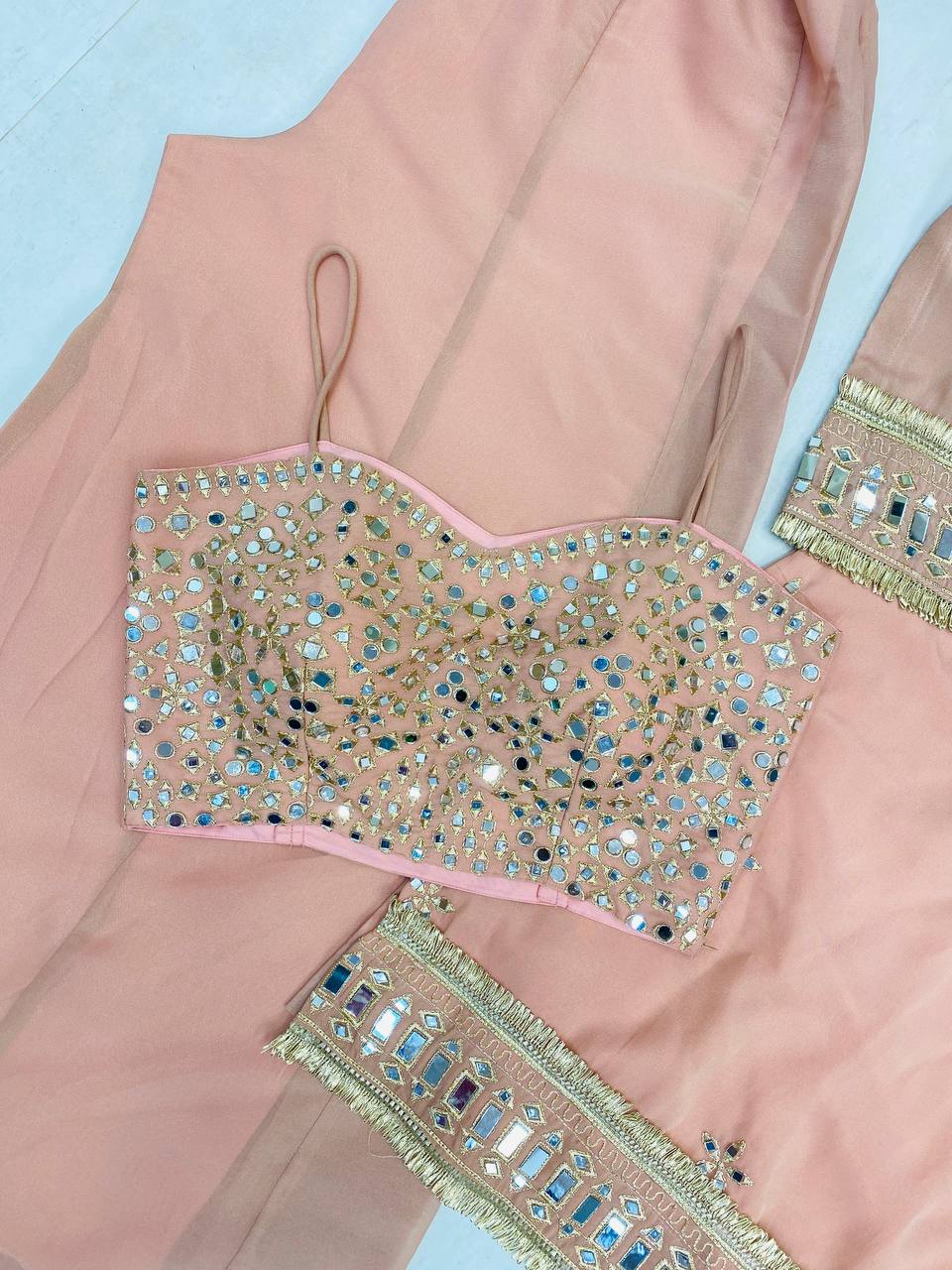 Beautifull Cosmos With Real Mirror Embroidery Work Top Plazzo