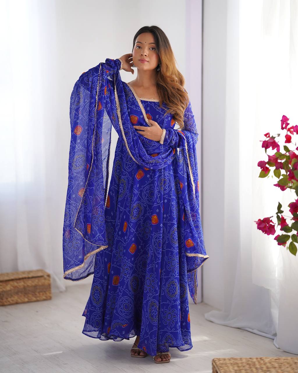 PURE SOFT LIGHTWEIGHT CHIFFON BANDHEJ FABRIC And FANCY YOKE LACE WORK Anarkali Gown