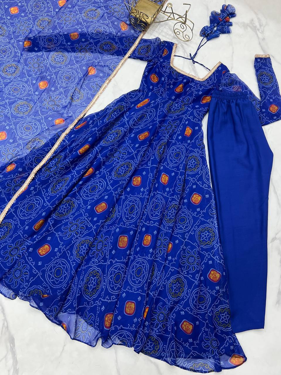 PURE SOFT LIGHTWEIGHT CHIFFON BANDHEJ FABRIC And FANCY YOKE LACE WORK Anarkali Gown