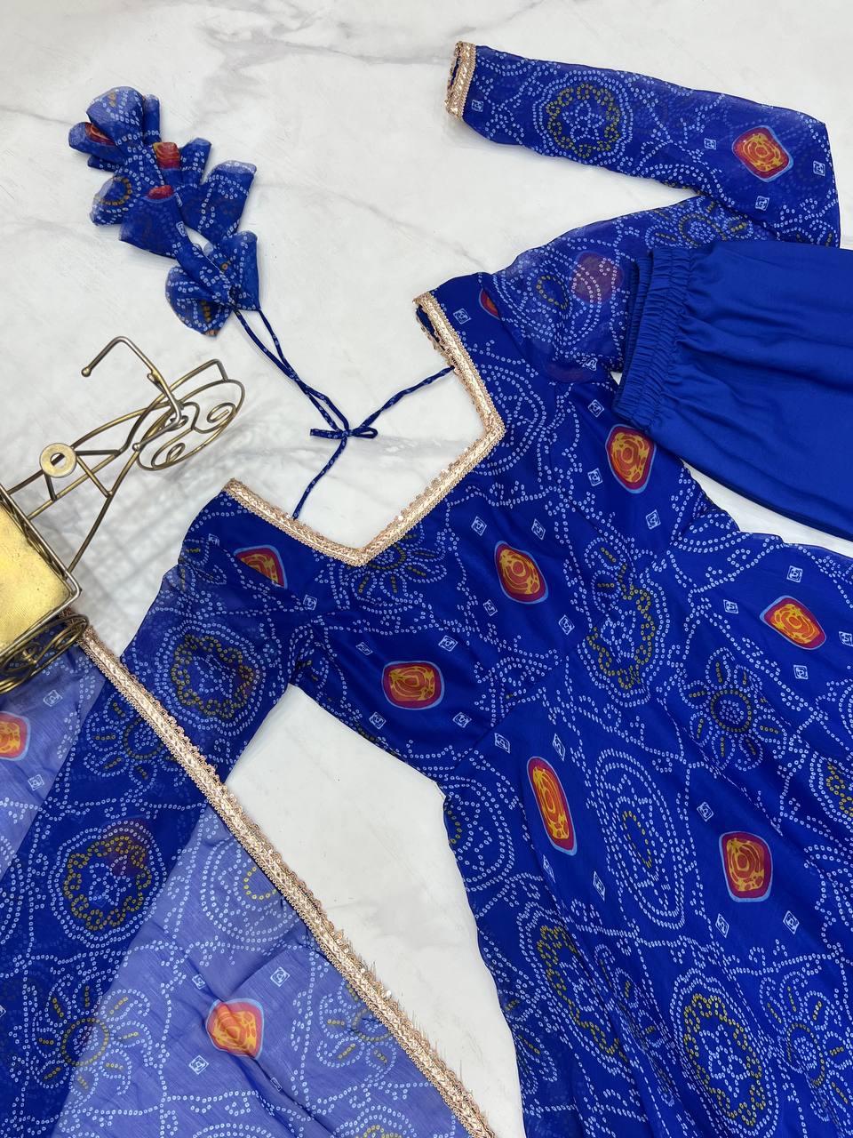 PURE SOFT LIGHTWEIGHT CHIFFON BANDHEJ FABRIC And FANCY YOKE LACE WORK Anarkali Gown
