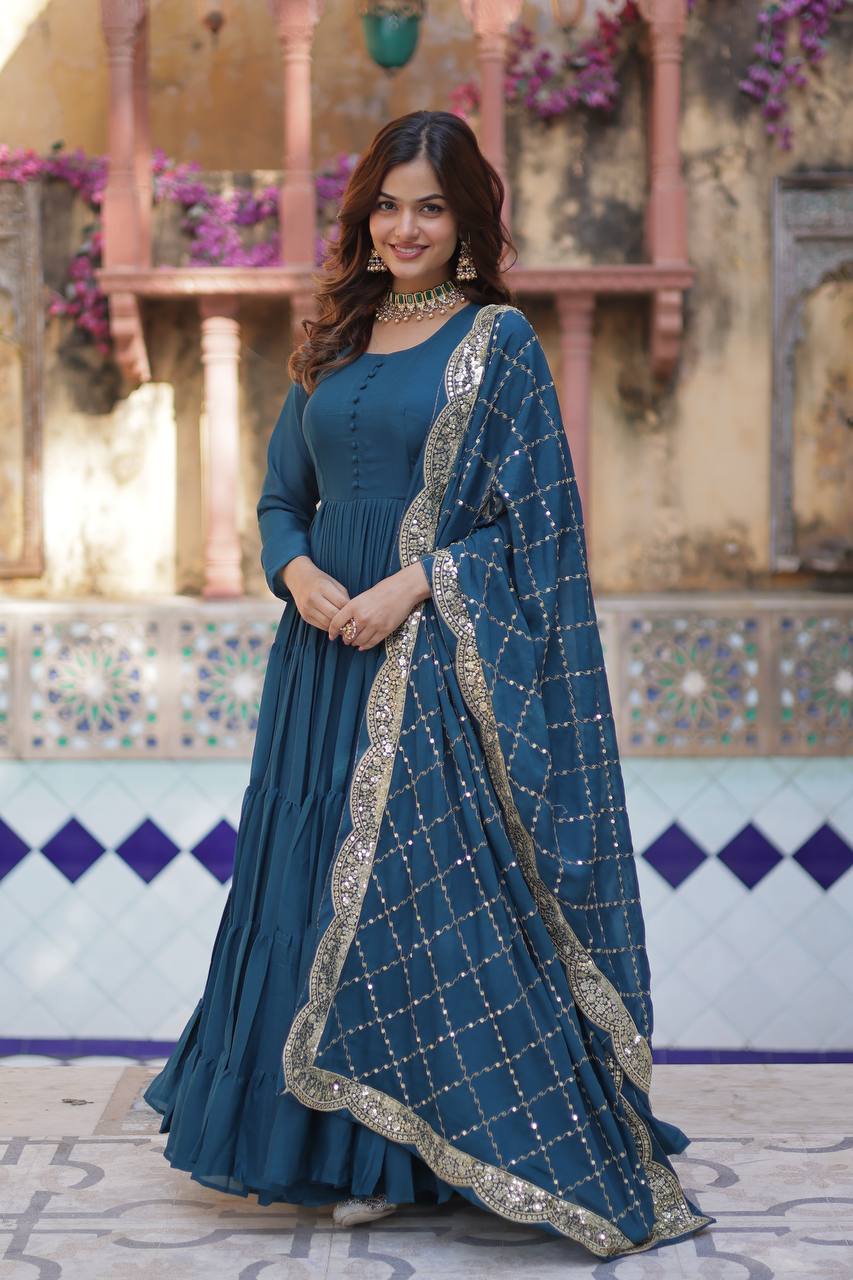 Fully Flair Gown With Star Georgette With Designer Embroidered Dupatta