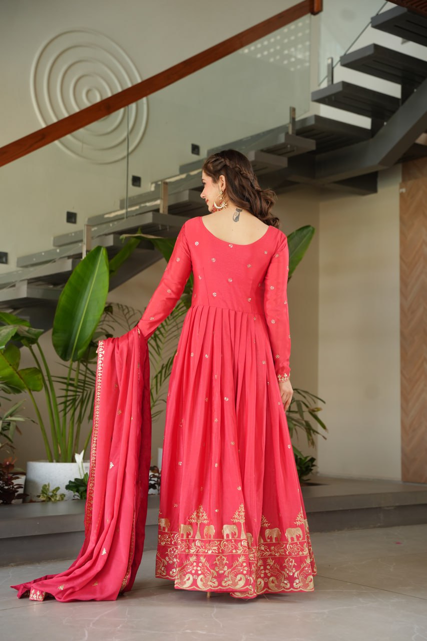 Red Color Chinon Embroidery Zari Work Gown