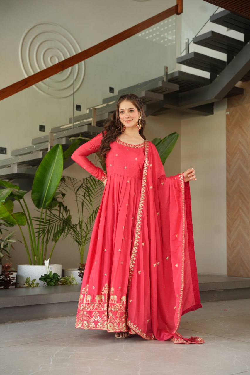 Red Color Chinon Embroidery Zari Work Gown