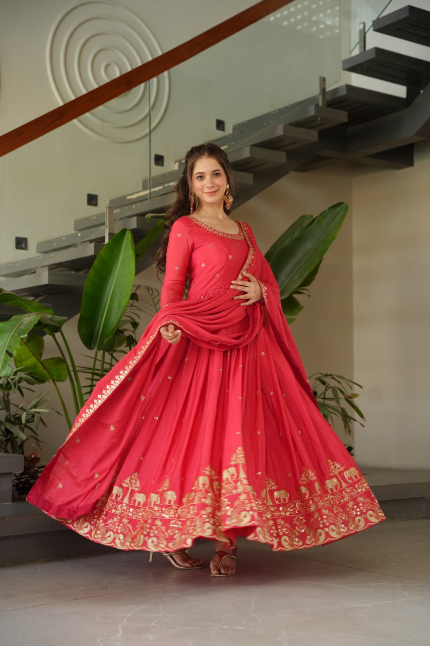 Red Color Chinon Embroidery Zari Work Gown