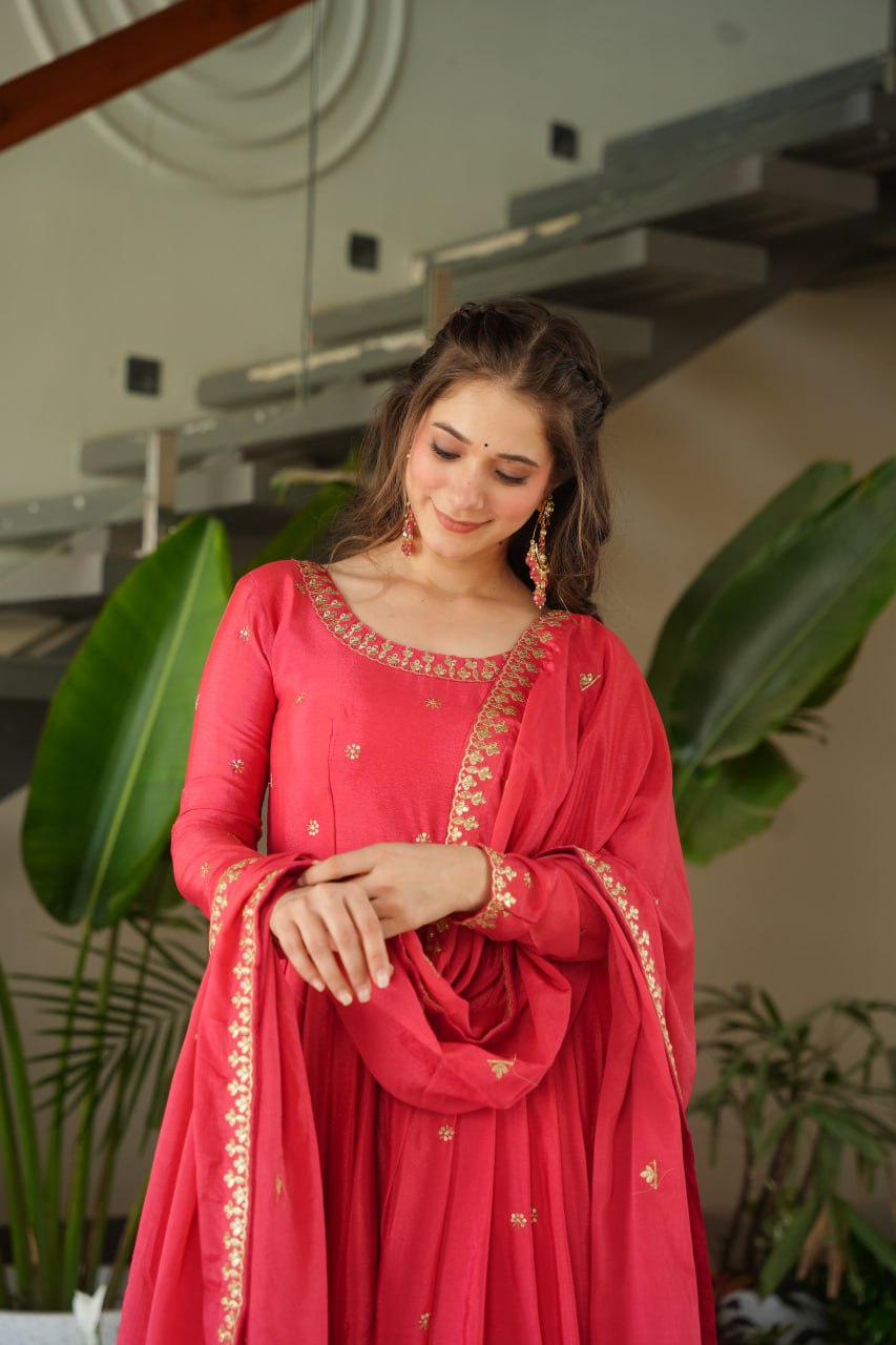 Red Color Chinon Embroidery Zari Work Gown