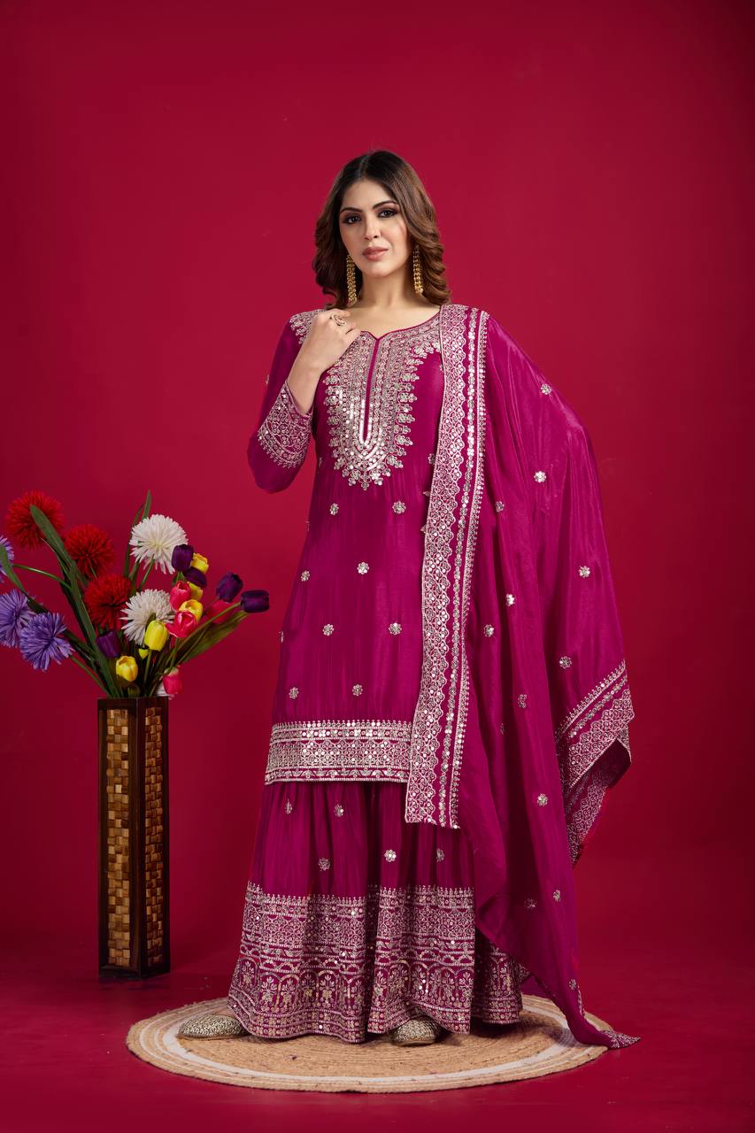 Exclusive Designer Heavy Work Pure Heavy Chinon Silk Sharara Suits Set