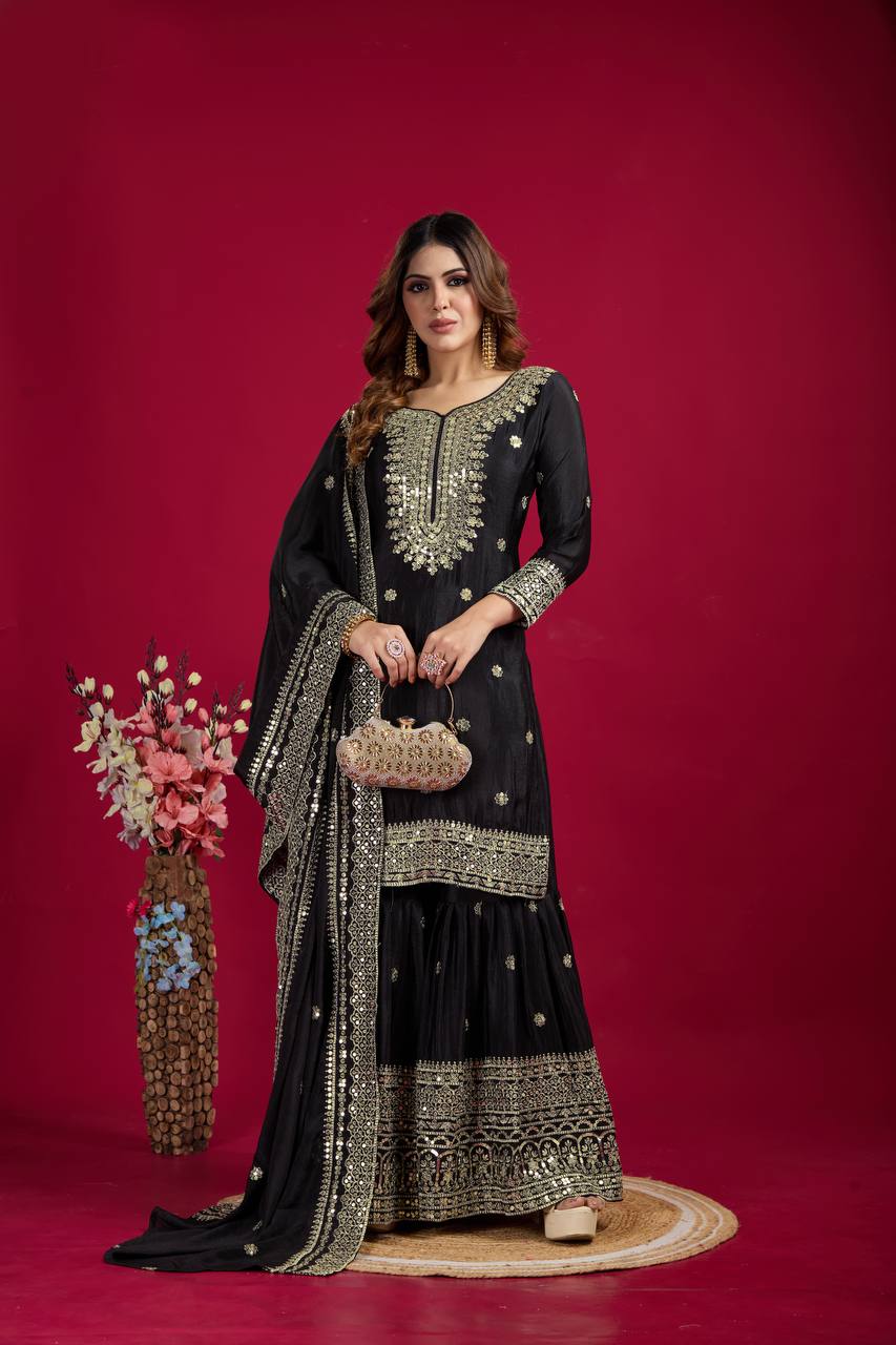 Exclusive Designer Heavy Work Pure Heavy Chinon Silk Sharara Suits Set