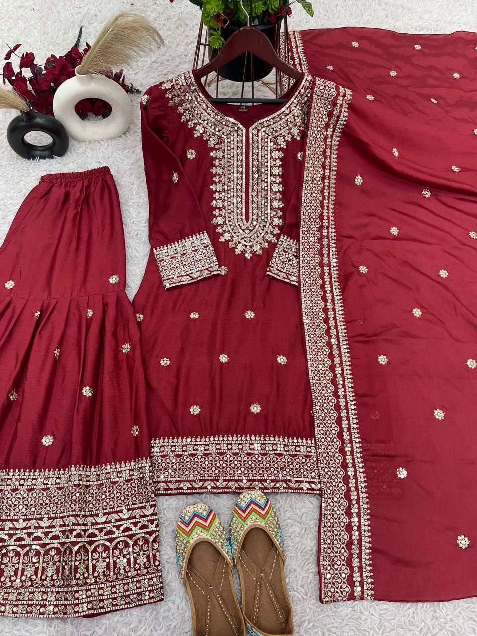 Exclusive Designer Heavy Work Pure Heavy Chinon Silk Sharara Suits Set