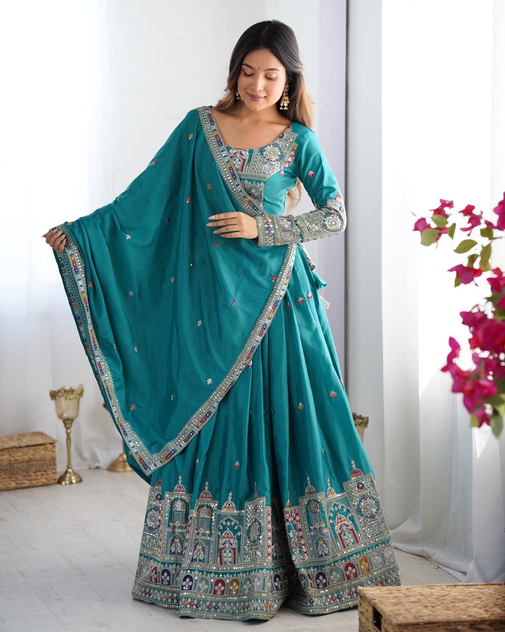 Natural Crep Silk With Coding Dori Thread And Sequence Work Lehenga Choli