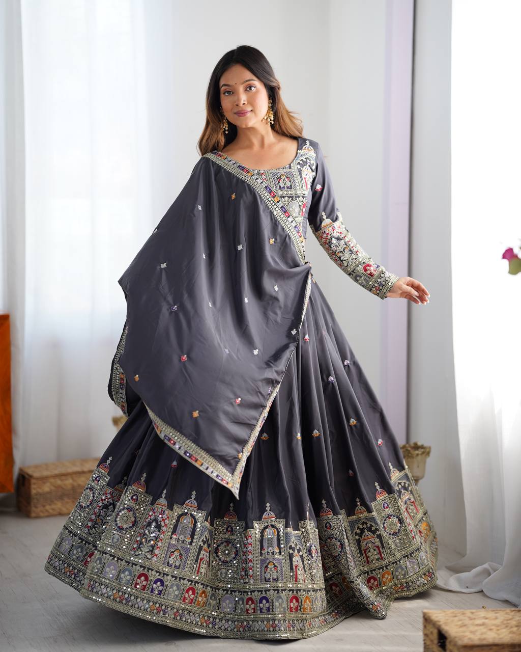 Natural Crep Silk With Coding Dori Thread And Sequence Work Lehenga Choli