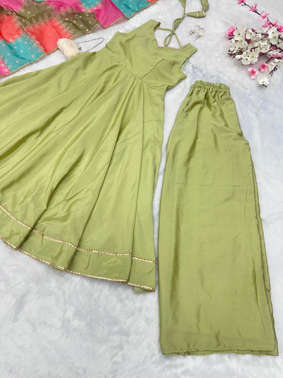 Chinnon Silk With Plain Work And Full Stitched Anarakali Gown