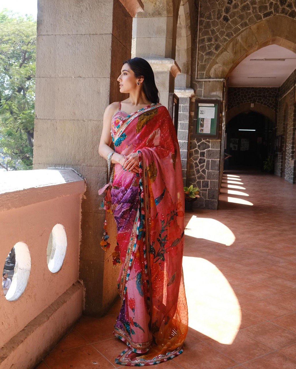 Digital Printed With equence Sequins work lace border Saree