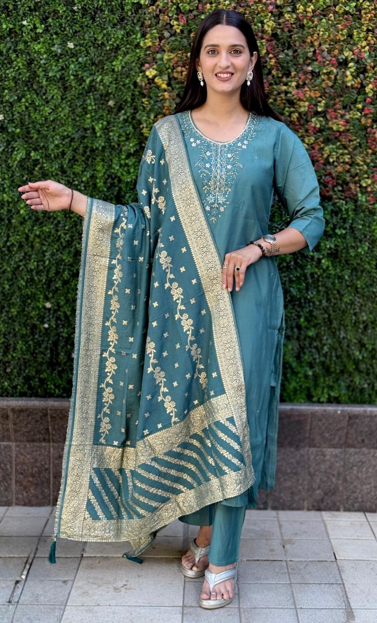 Sky Color Premium Roman Silk Hand Work Kurti