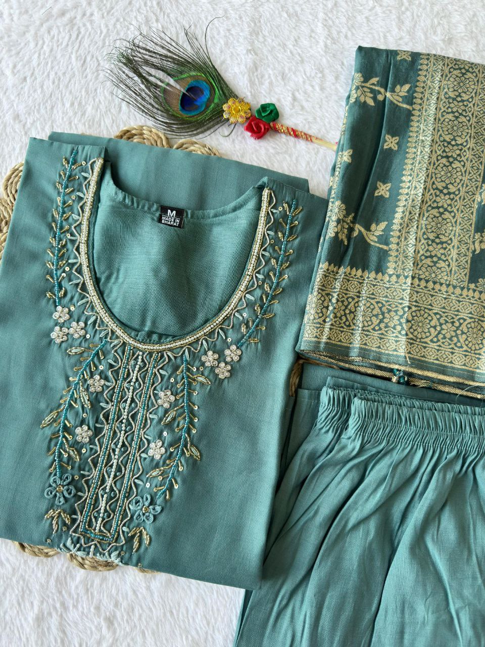 Sky Color Premium Roman Silk Hand Work Kurti