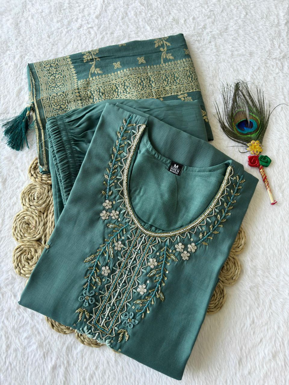 Sky Color Premium Roman Silk Hand Work Kurti