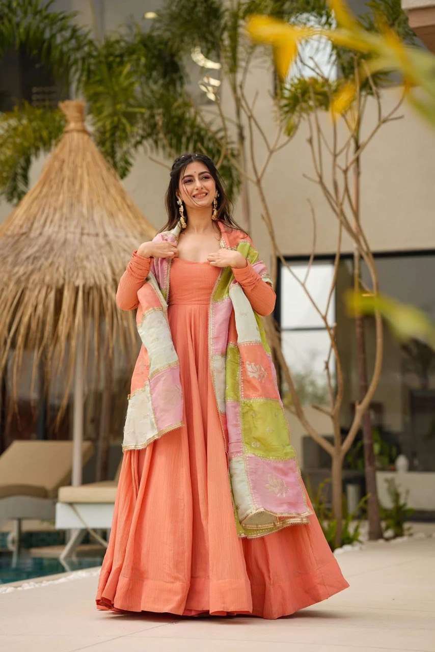 Chinnon Silk With Plain Work And Full Stitched Anarakali Gown