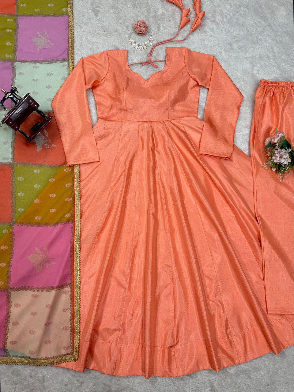 Chinnon Silk With Plain Work And Full Stitched Anarakali Gown