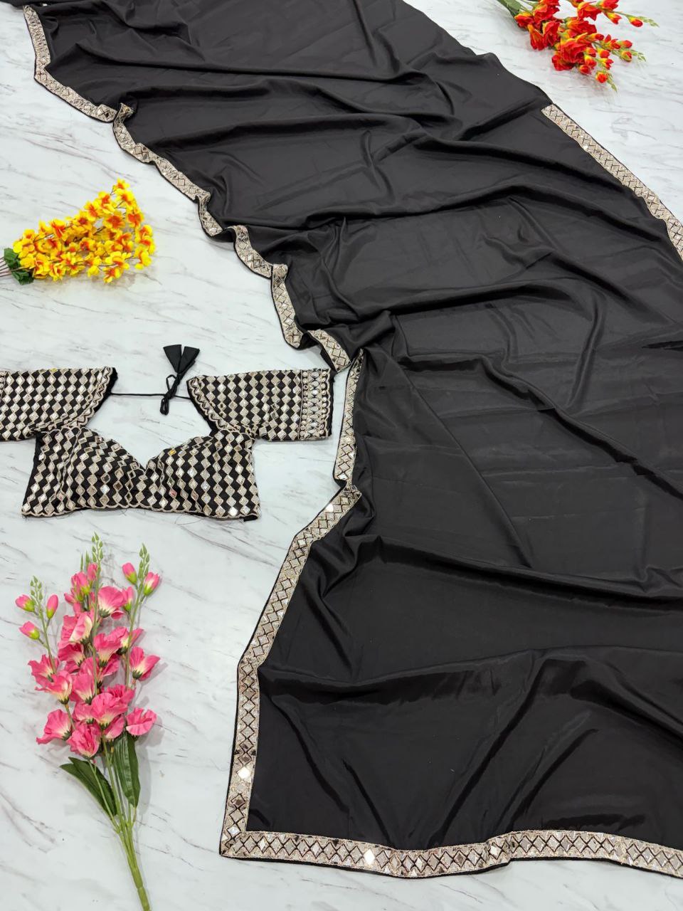 Premium French Creap Silk With Real Mirror Work Saree