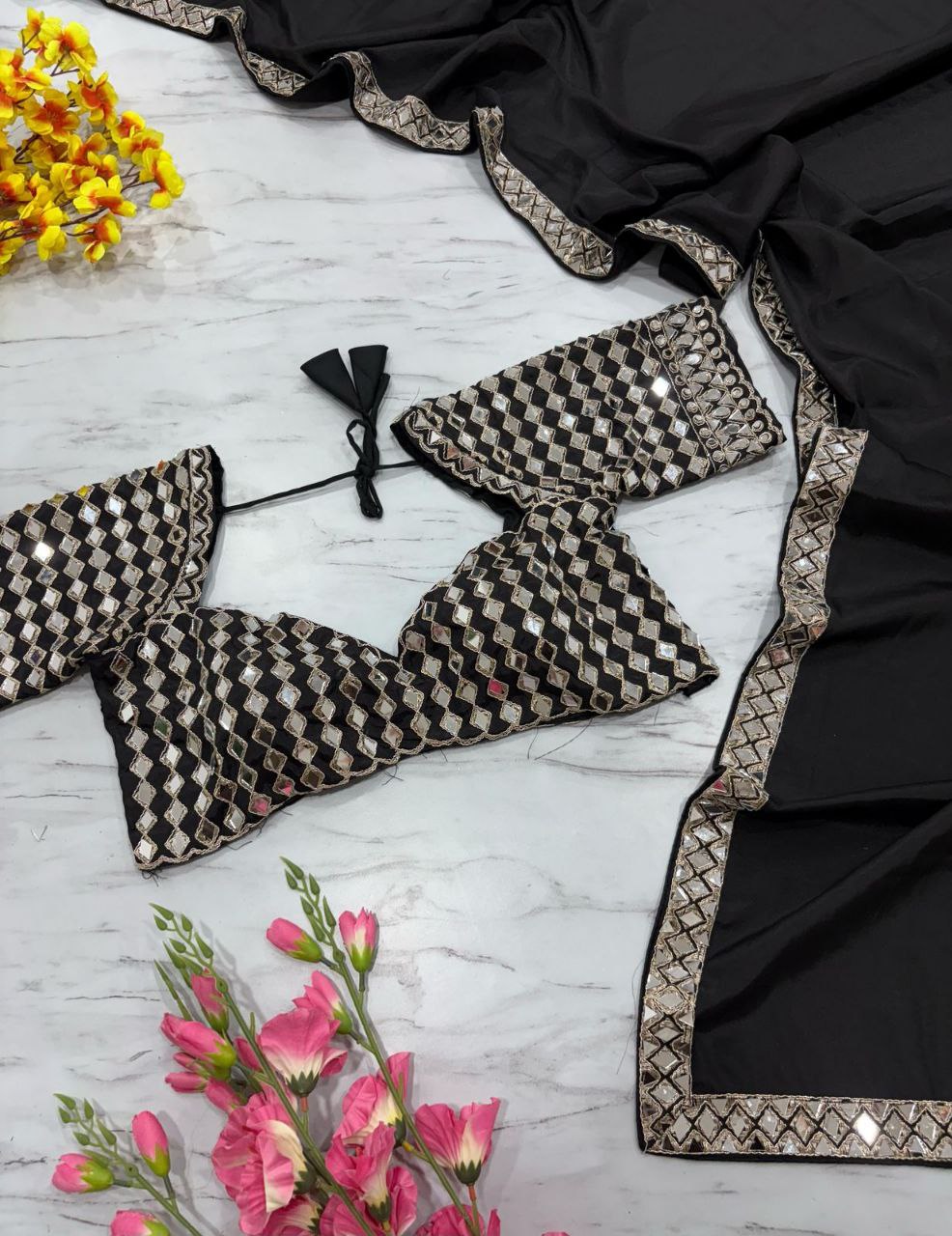 Premium French Creap Silk With Real Mirror Work Saree