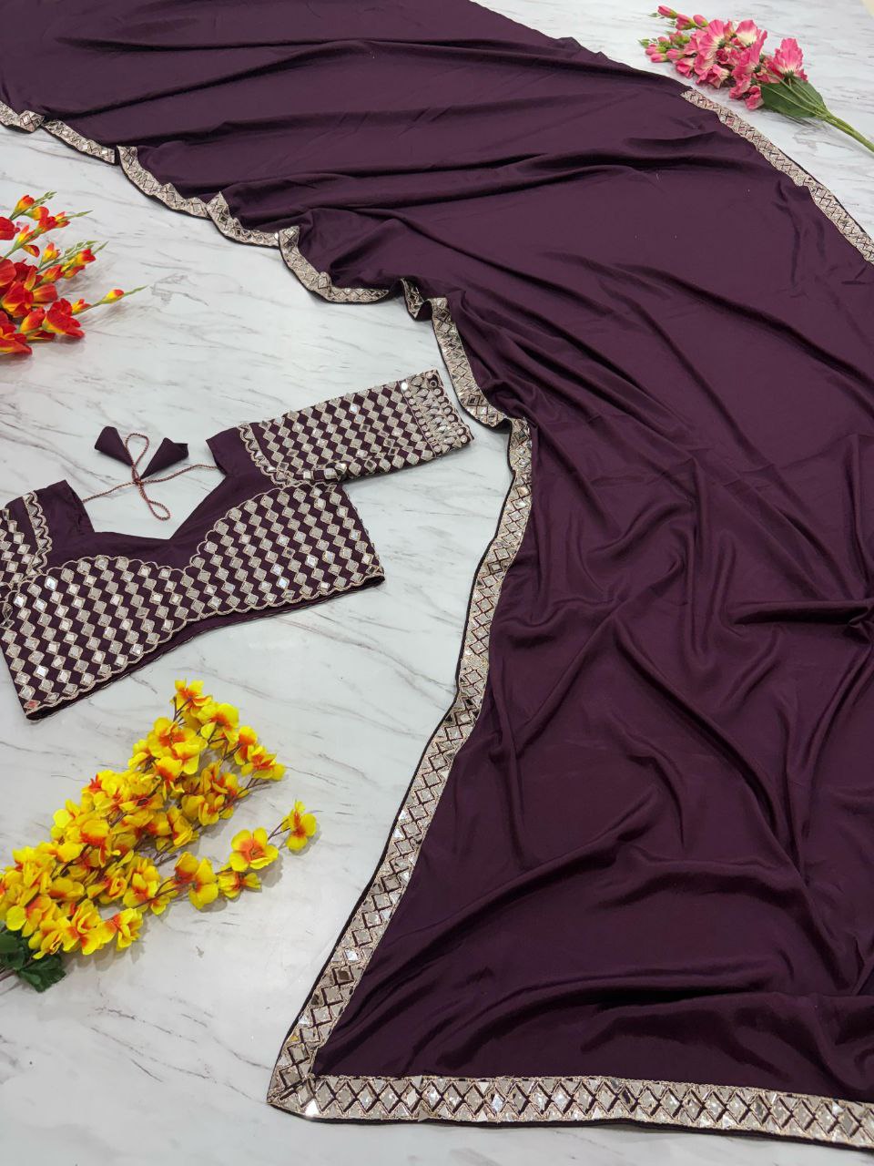 Premium French Creap Silk With Real Mirror Work Saree