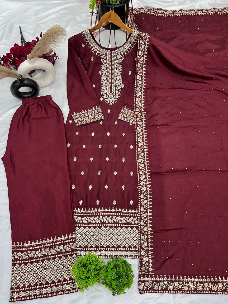 Fox Georgette With Embroidery Work With Full Sleeve With Lace Work Border Top Pent