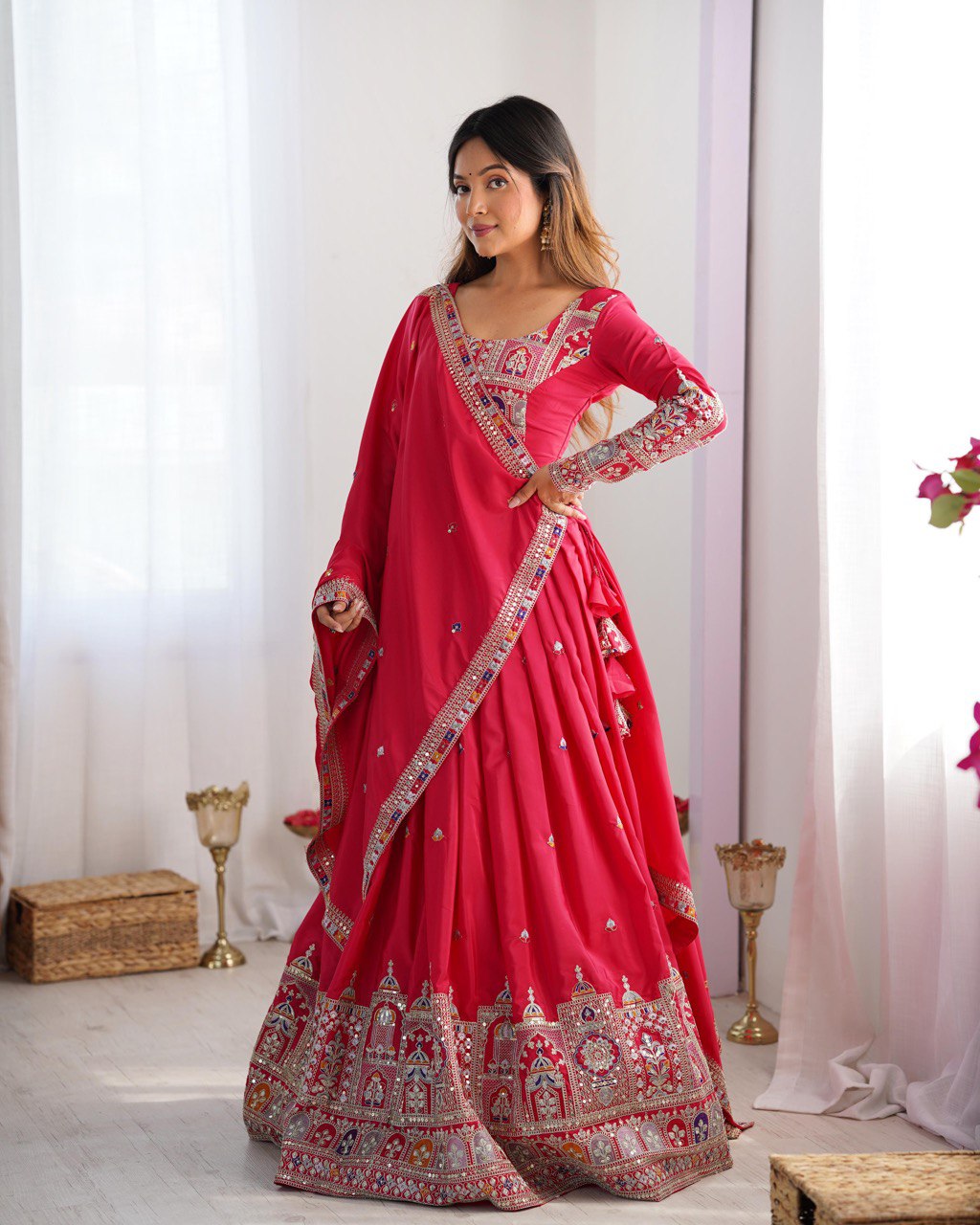 Natural Crep Silk With Coding Dori Thread And Sequence Work Lehenga Choli