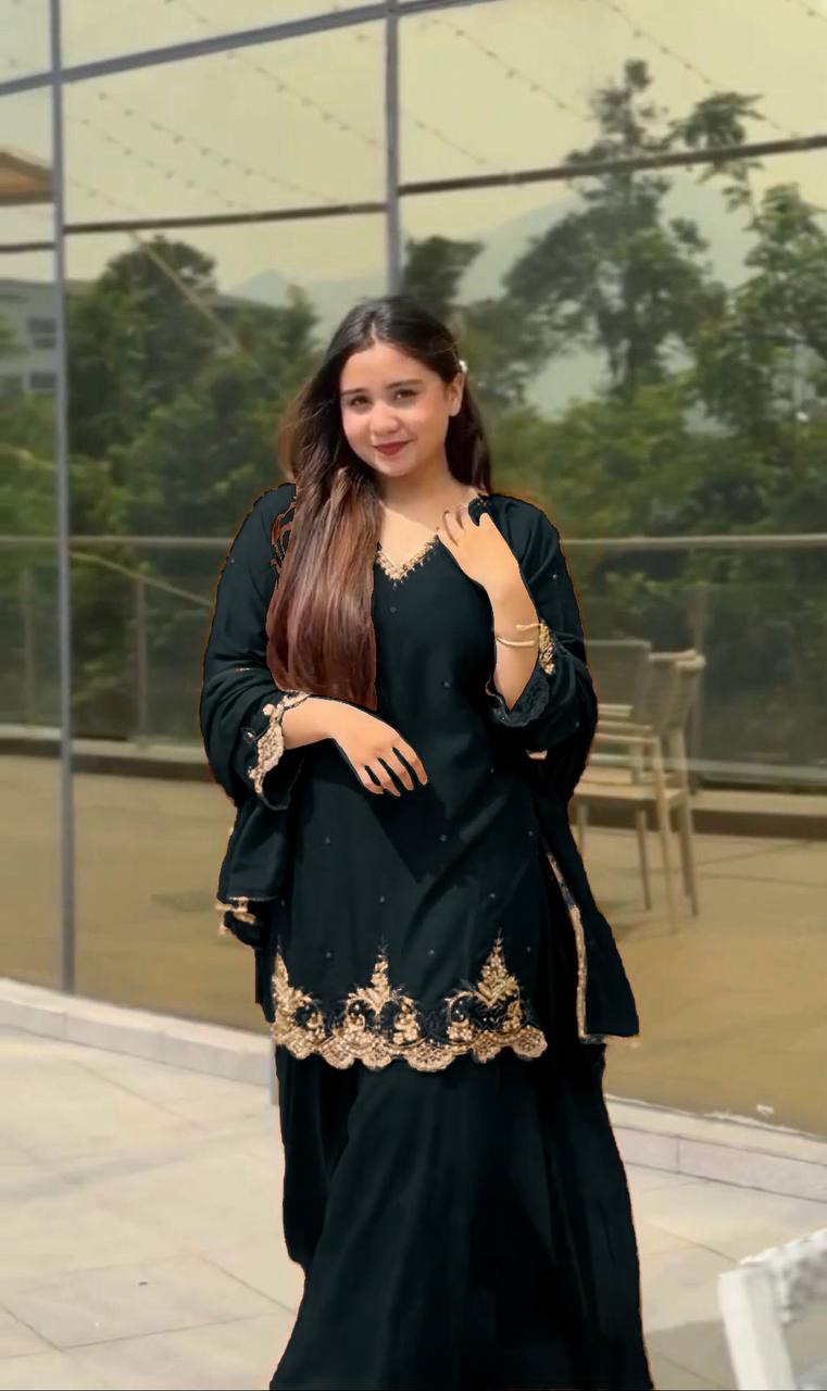 Heavy Faux Georgette Embroidery Work Top Plazzo
