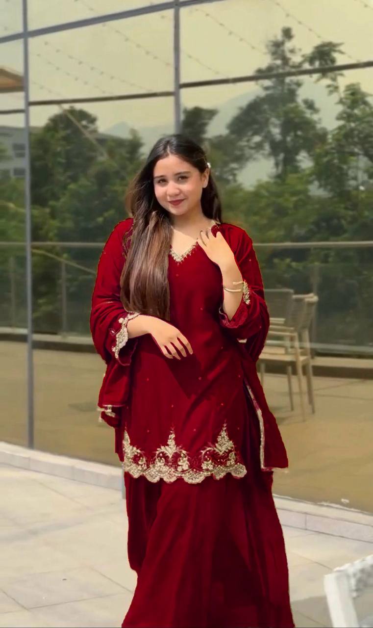 Heavy Faux Georgette Embroidery Work Top Plazzo
