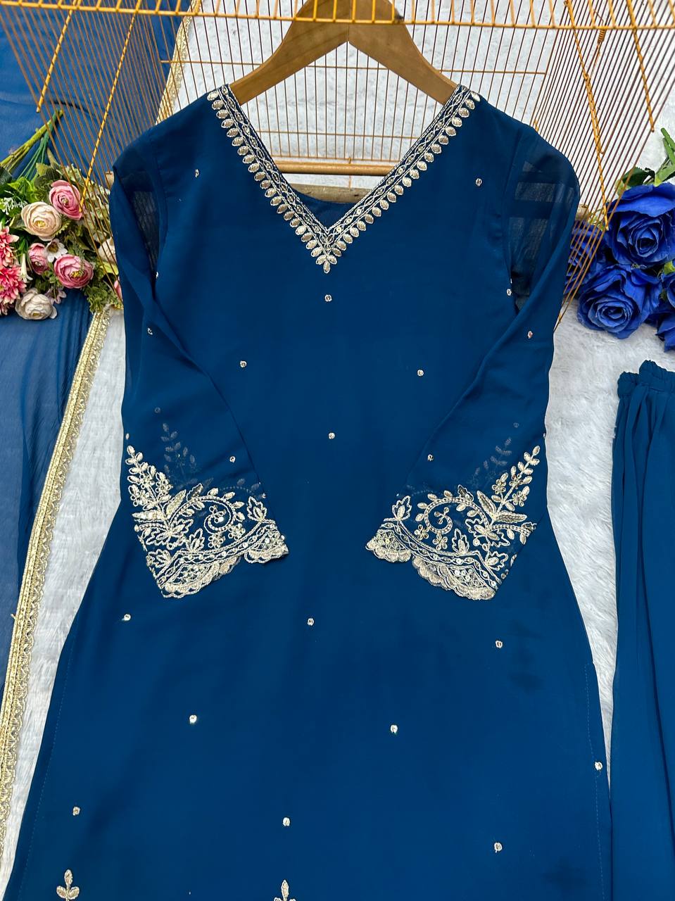 Heavy Faux Georgette Embroidery Work Top Plazzo