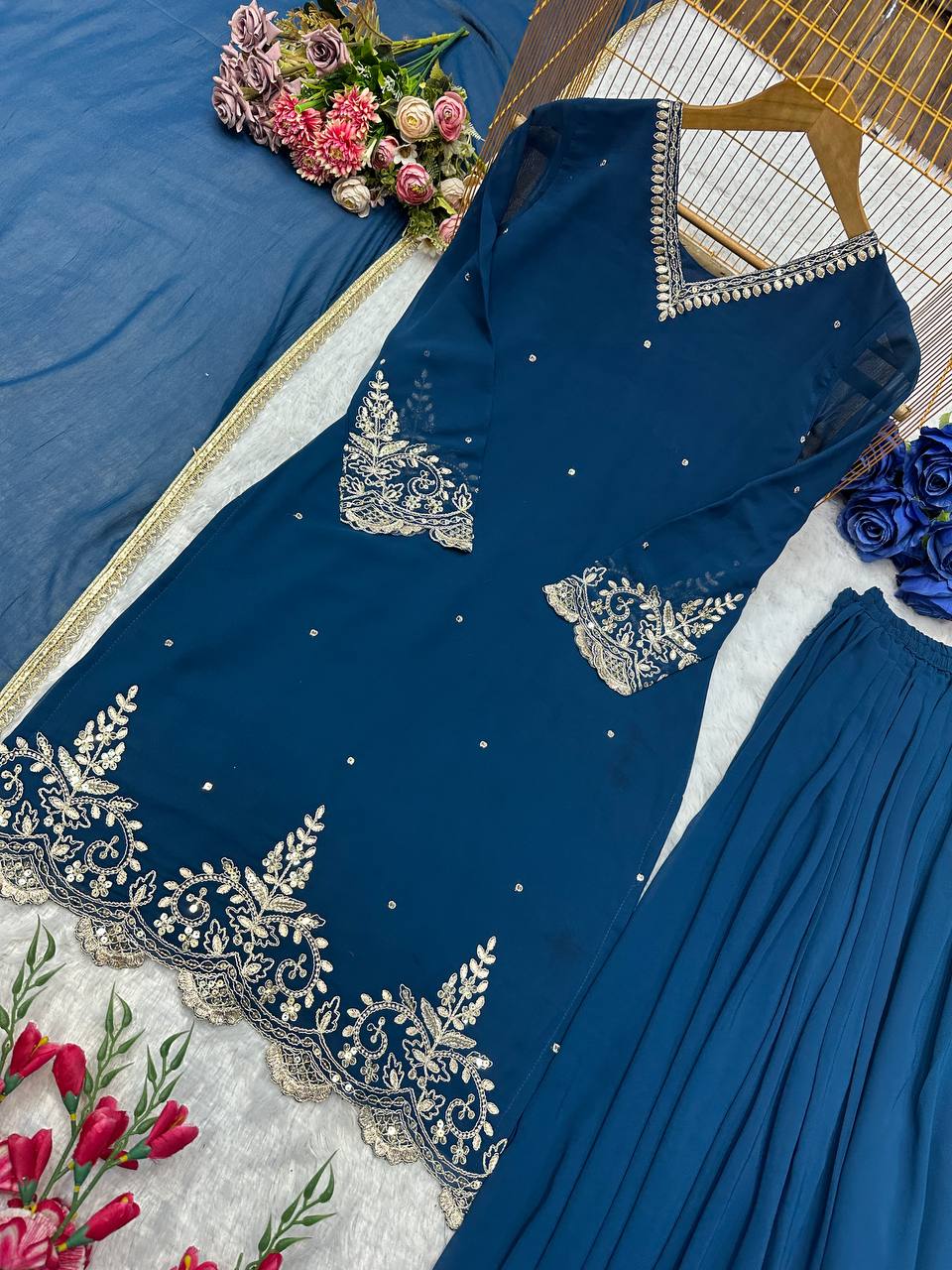 Heavy Faux Georgette Embroidery Work Top Plazzo