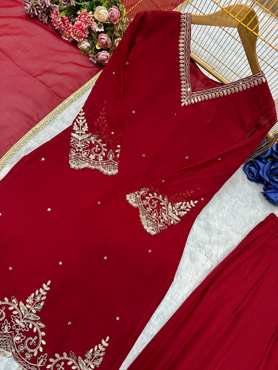 Heavy Faux Georgette Embroidery Work Top Plazzo