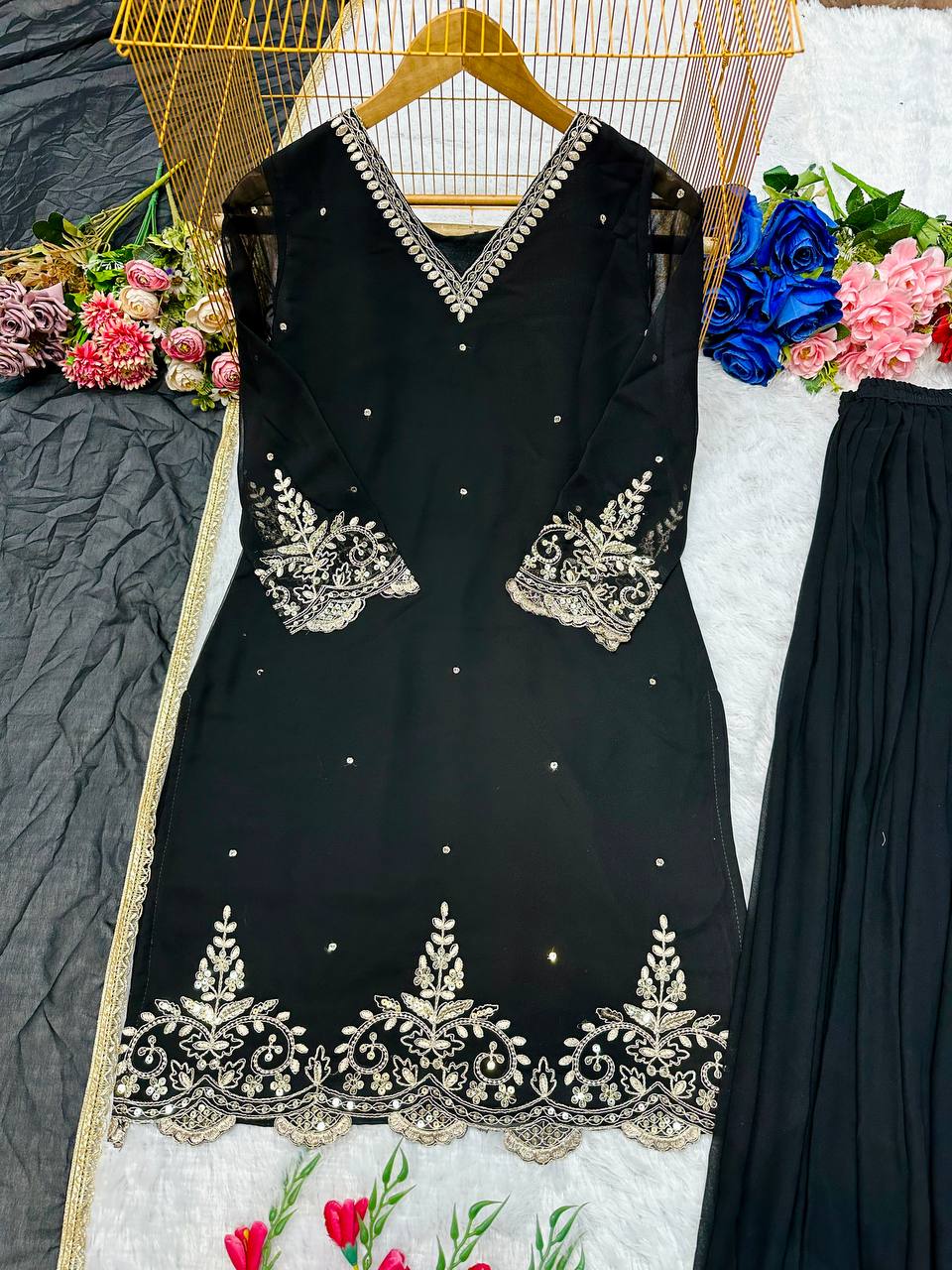 Heavy Faux Georgette Embroidery Work Top Plazzo