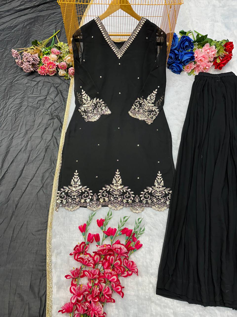 Heavy Faux Georgette Embroidery Work Top Plazzo