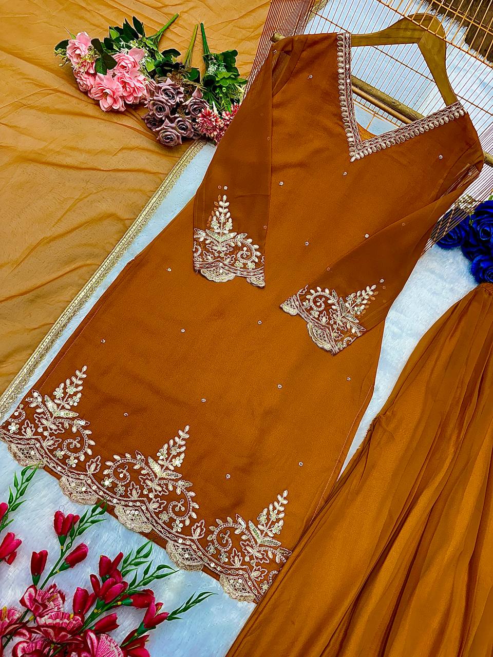 Heavy Faux Georgette Embroidery Work Top Plazzo