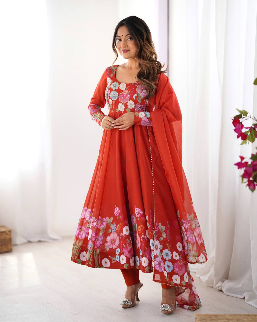 Beautiful Floral Position Outing Work Full Stitched Anarakali Gown