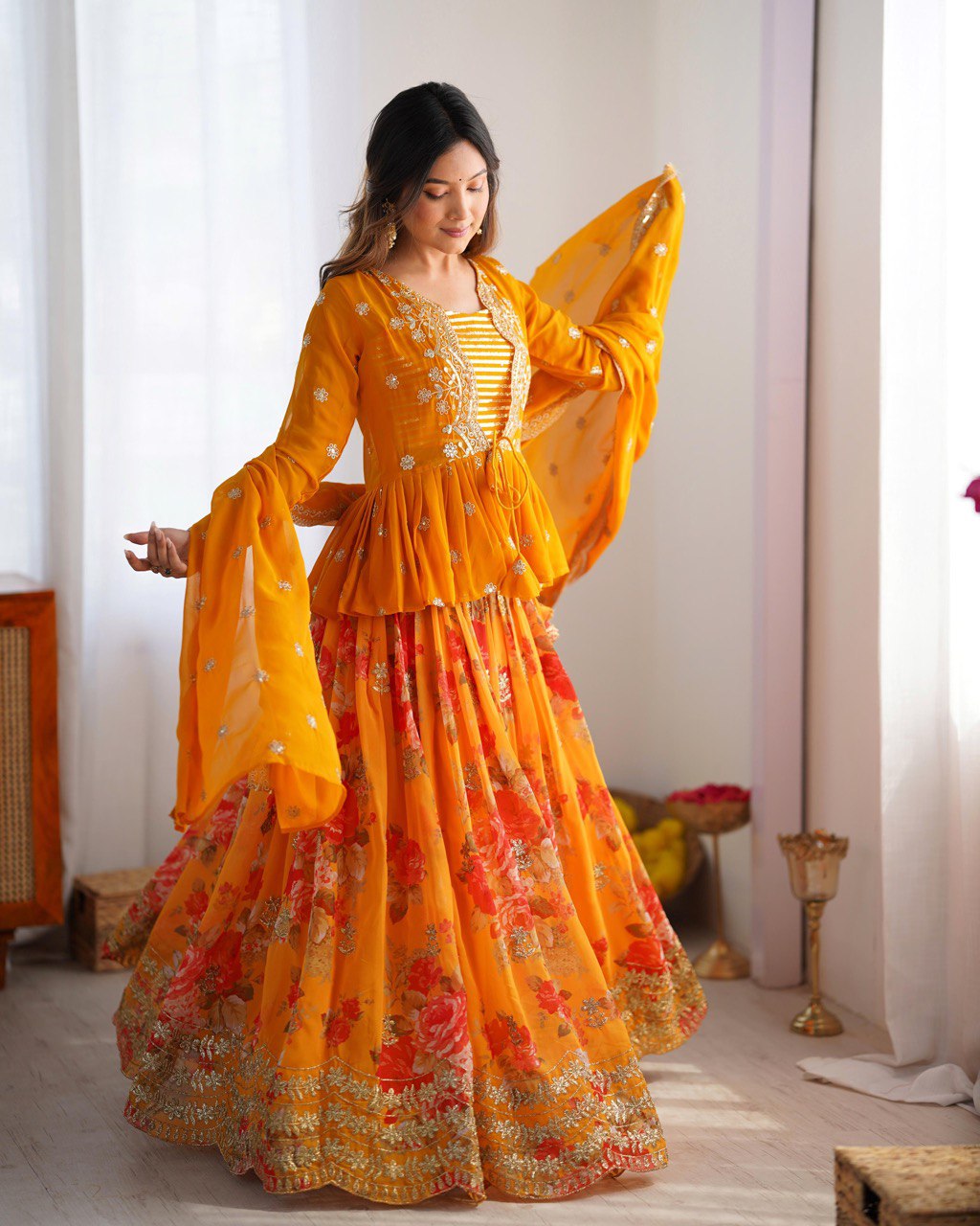 Foux Georgette With digital Print With Thread Work Lehenga