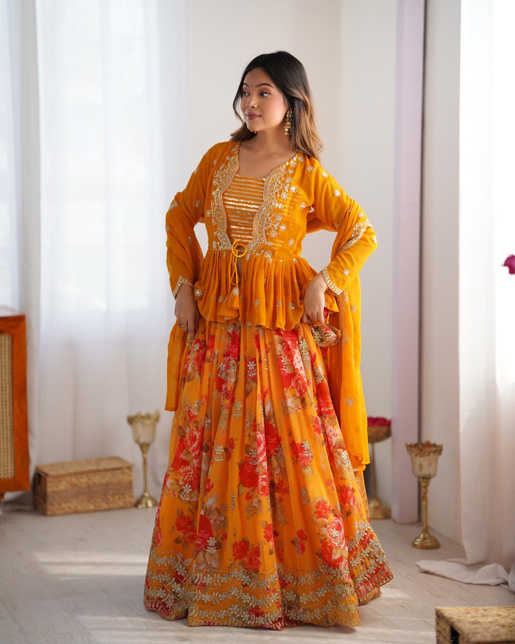 Foux Georgette With digital Print With Thread Work Lehenga