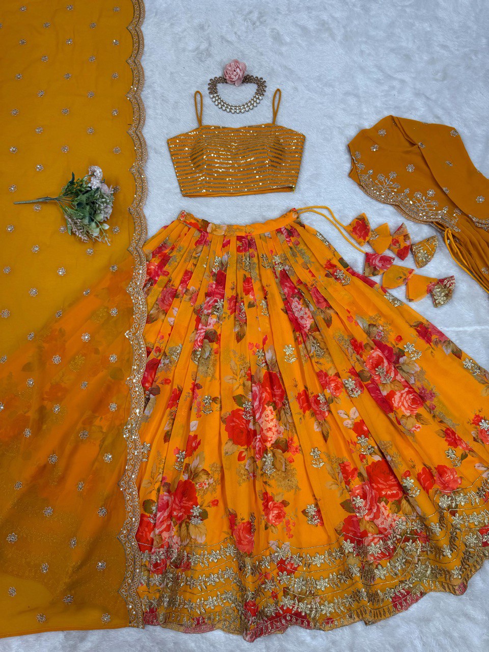 Foux Georgette With digital Print With Thread Work Lehenga