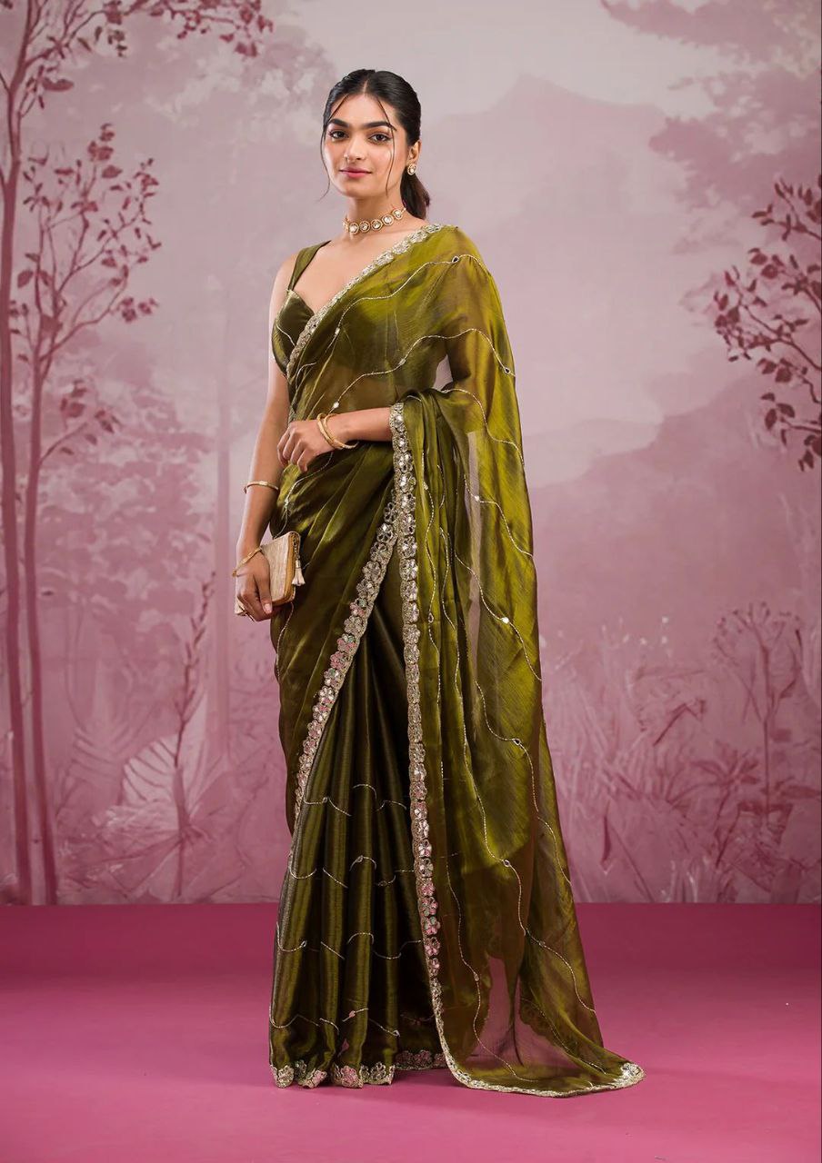 Premium Jimmy Chu Silk Embellished With Real Mirror Work Saree