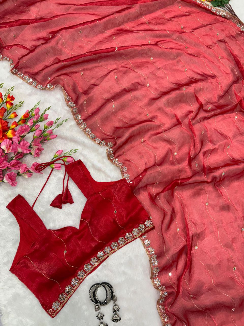 Premium Jimmy Chu Silk Embellished With Real Mirror Work Saree