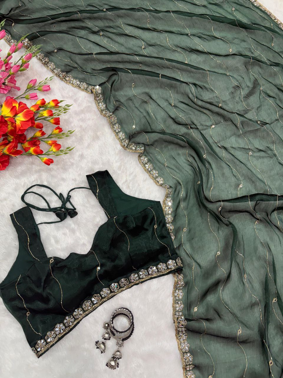 Premium Jimmy Chu Silk Embellished With Real Mirror Work Saree