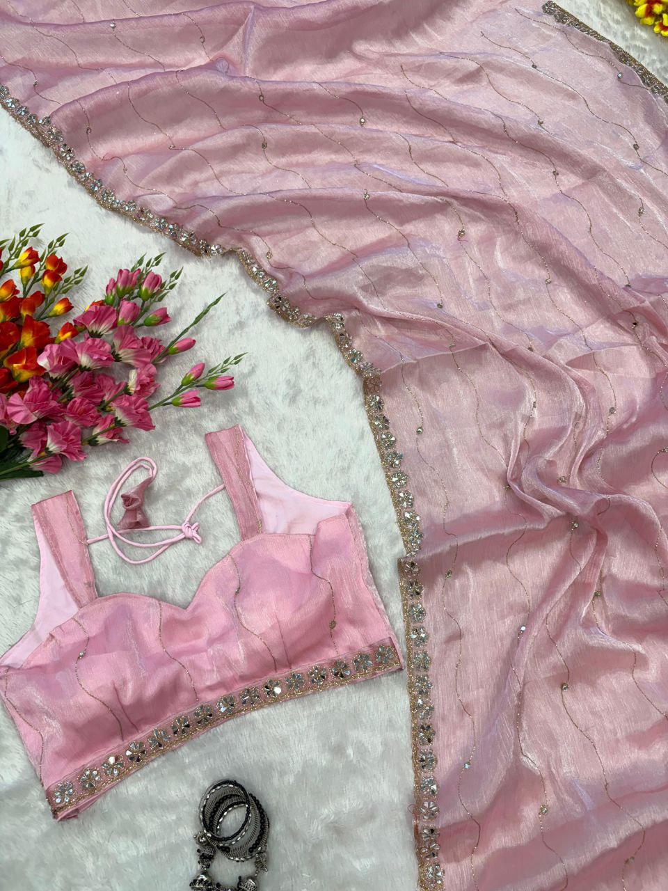 Premium Jimmy Chu Silk Embellished With Real Mirror Work Saree