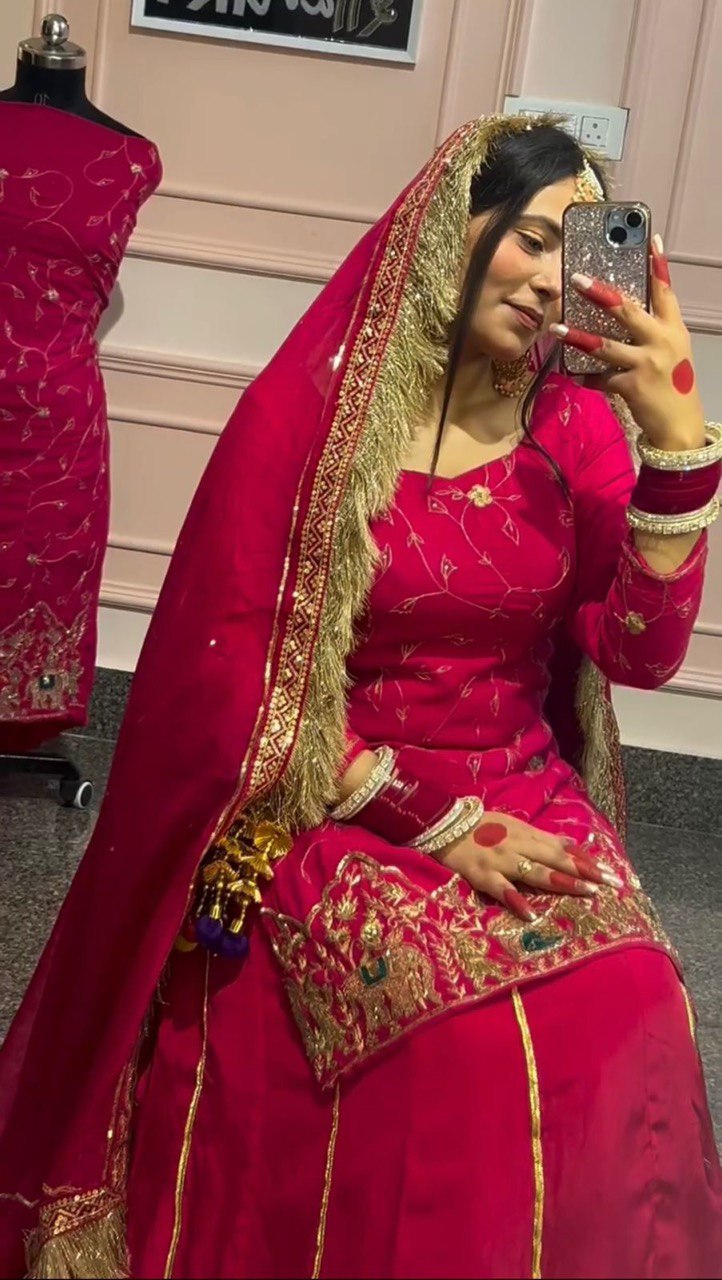 Natural Crep Silk Beads With Thread Sequence Work Top Lehenga
