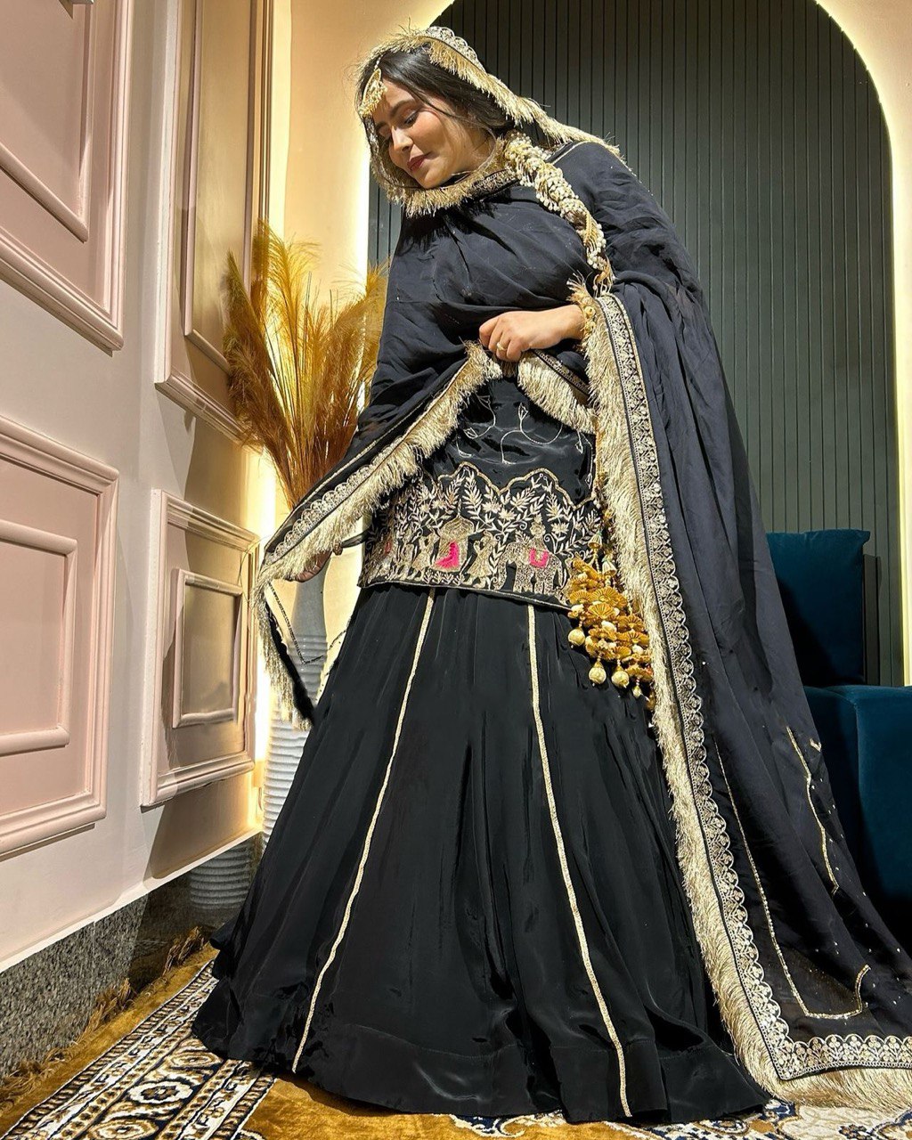 Natural Crep Silk Beads With Thread Sequence Work Top Lehenga