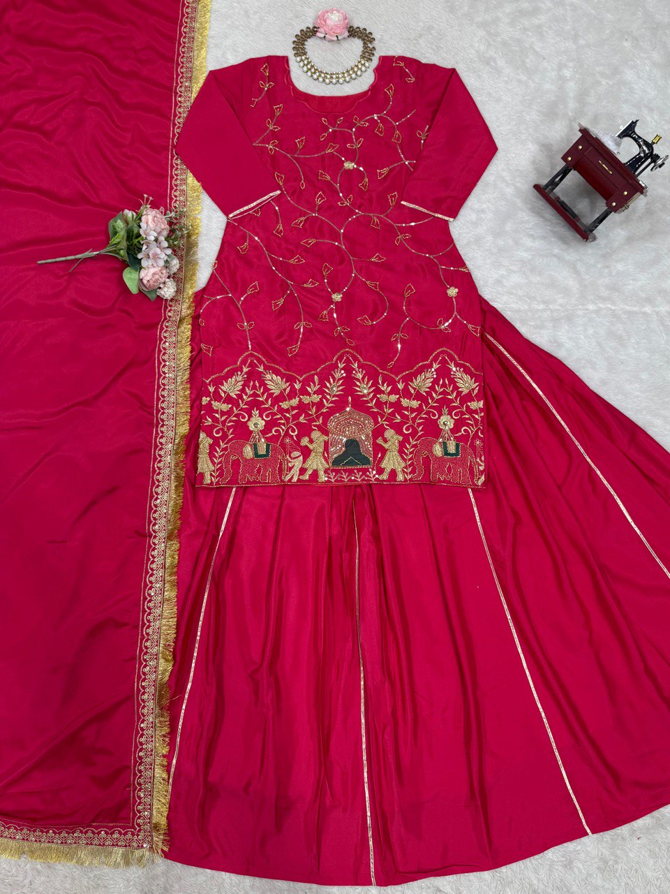 Natural Crep Silk Beads With Thread Sequence Work Top Lehenga