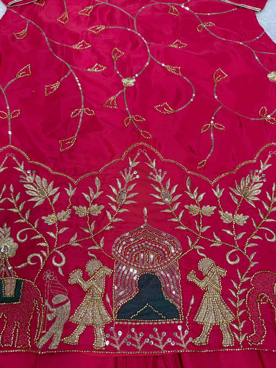 Natural Crep Silk Beads With Thread Sequence Work Top Lehenga